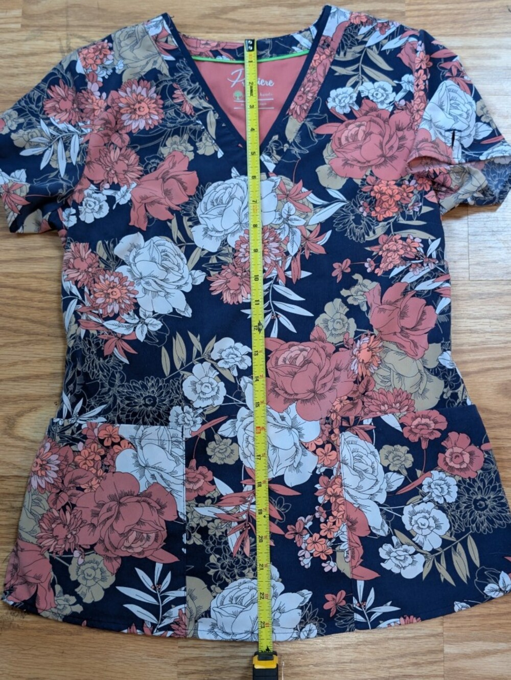 healing hands Navy Floral V‑Neck Top with Coral & White Blooms - Picture 2 of 4